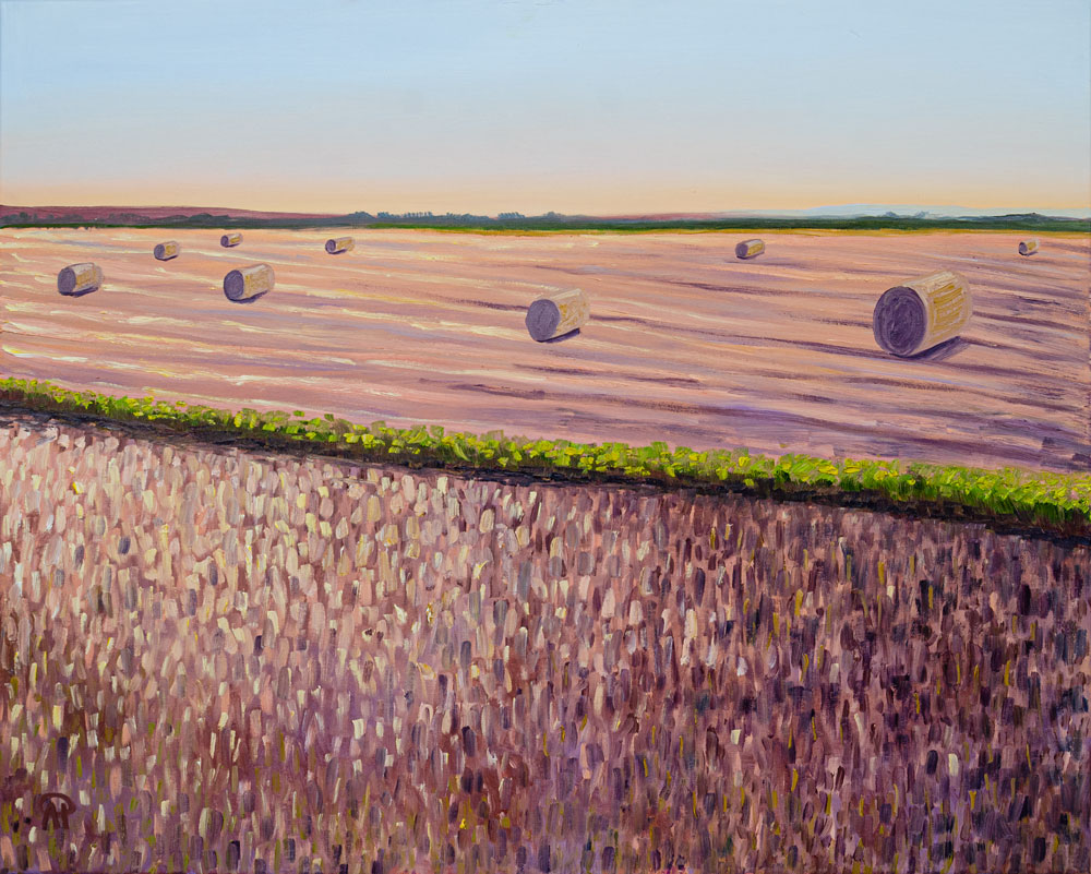 Oil on canvas, Hay Harvest, 80 x 100cmI painted this at the end of summer. That day, I was riding my bike and came across a beautiful field of hay after the harvest. The light was playing across the grass in such a magical way that I couldn’t take my eyes off it. I stopped and simply stood there, watching, feeling the calm of that moment — hearing grasshoppers, small insects, and the quiet breath of nature around me. I started thinking about people and how our needs never really change. We always need bread, food, growth — we live through different seasons, yet everything follows the same circle. The cycle repeats every year, but each moment within it is unique, existing only once. The circle may stay the same, but the feeling of it is always different, because every time I can sense it with my heart in a new way.